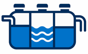 Vector icon showing a GEM sewage treatment plant with three tanks and connecting pipes in blue